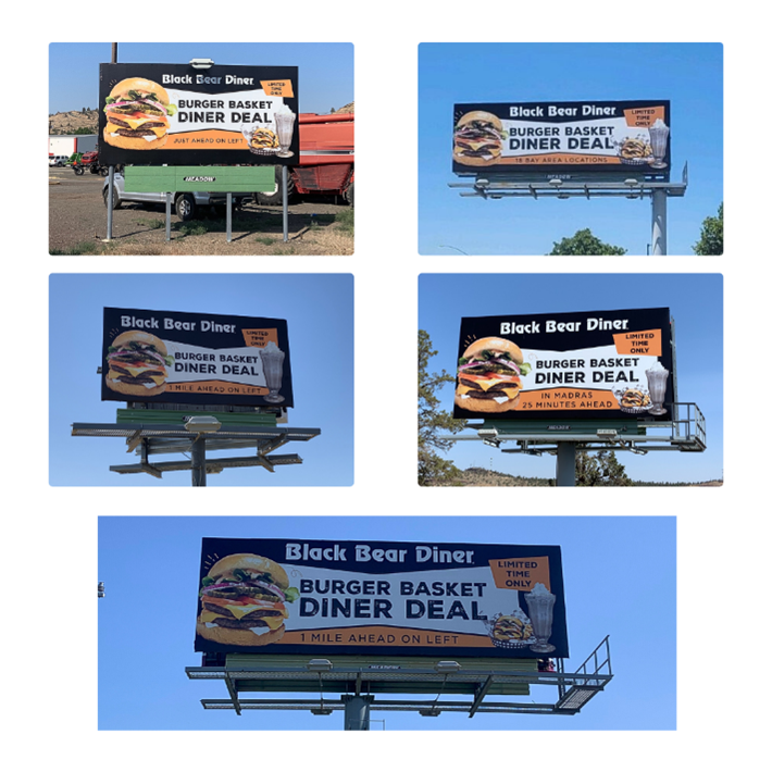 Collage of Black Bear diner billboards with burgers and shakes in Madras Oregon